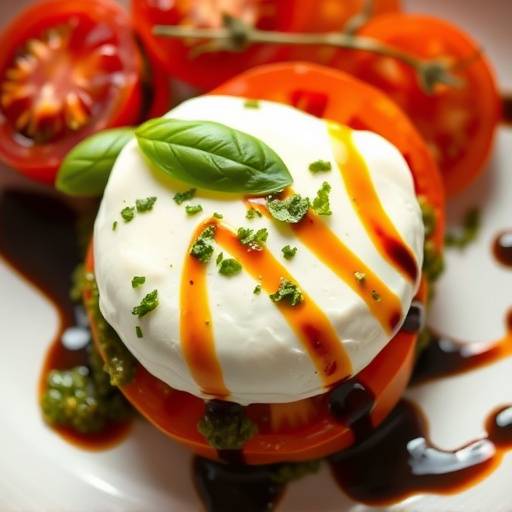 Creamy burrata cheese served with heirloom tomatoes, basil pesto, and balsamic glaze