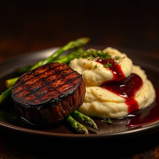 Grilled filet mignon served with truffle mashed potatoes, asparagus, and red wine reduction