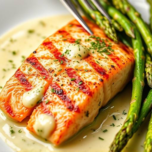 Grilled Salmon with Asparagus and Lemon-Dill Sauce