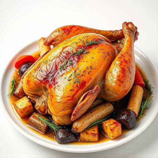 Herb-roasted chicken served with roasted root vegetables and pan jus