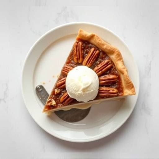 Homemade pecan pie with vanilla ice cream