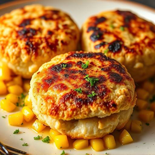 Pan-seared crab cakes served with roasted corn salsa and remoulade sauce