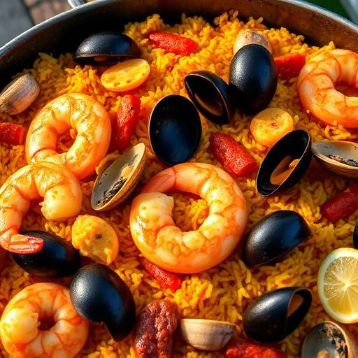 Seafood paella with saffron rice, shrimp, mussels, clams, and chorizo
